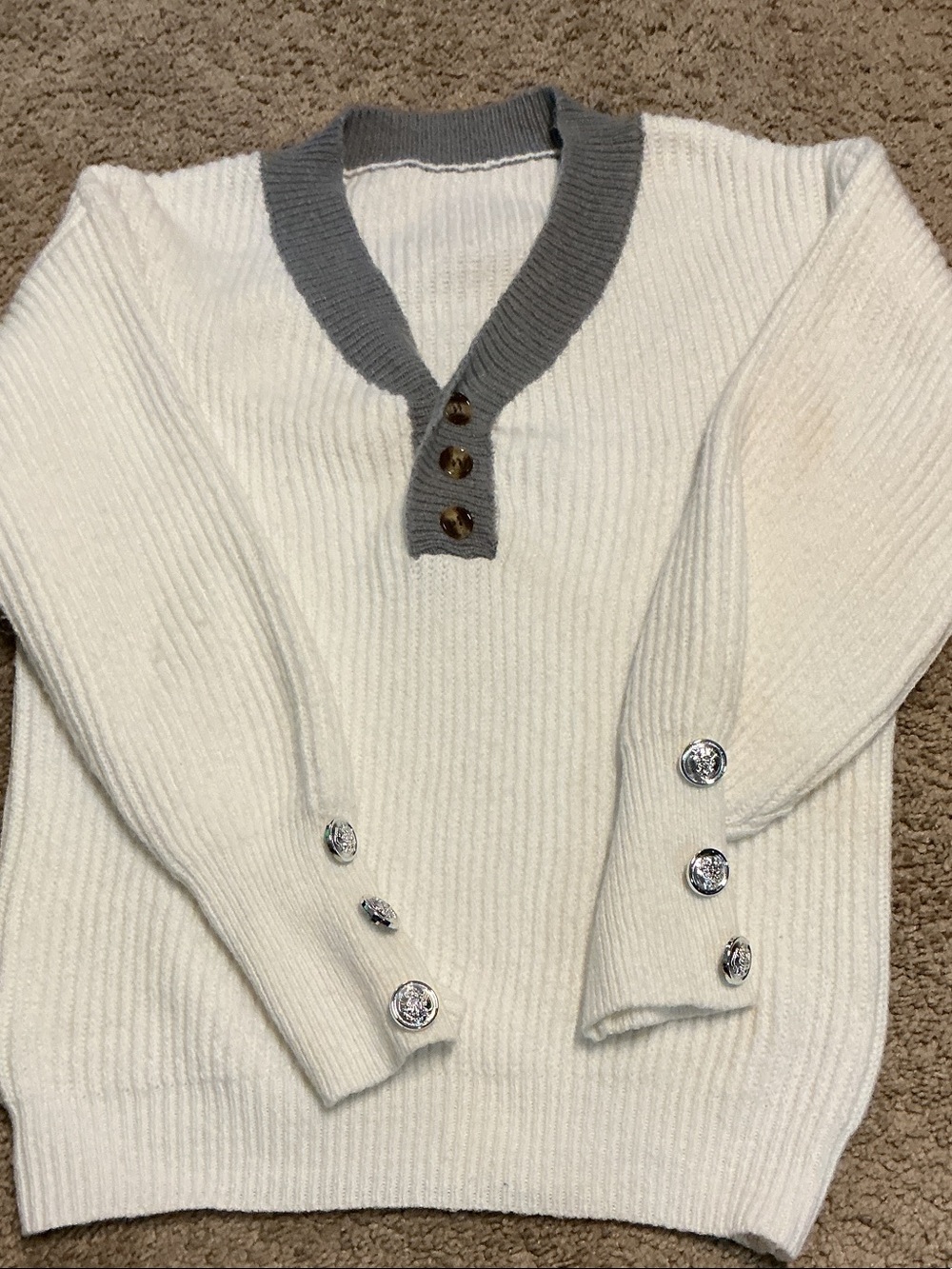 Cream Ribbed V‑Neck Sweater with Gray Trim